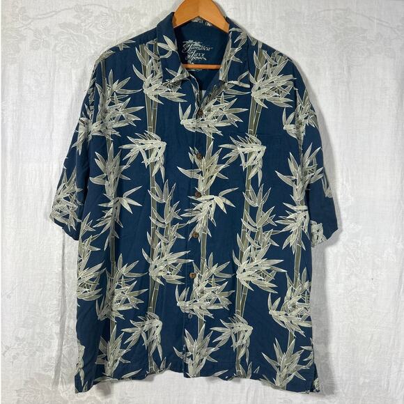 Jamaica Jaxx Button Up XXL Blue Palm Print 100% Silk Hawaiian Aloha Wood Buttons - Picture 1 of 12